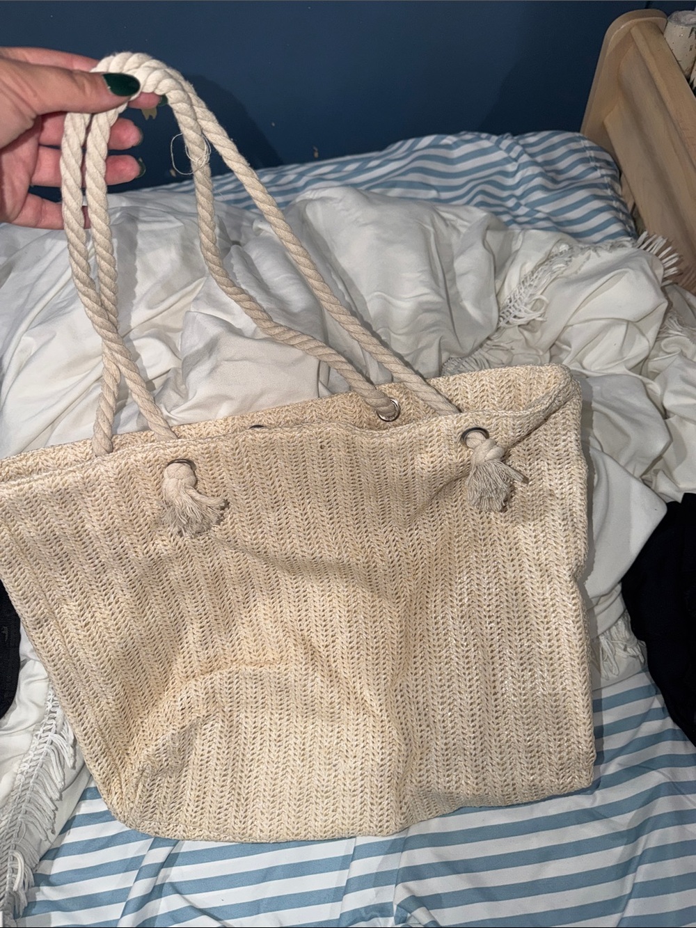 Neutral Woven Beach Tote Bag with Rope Handles